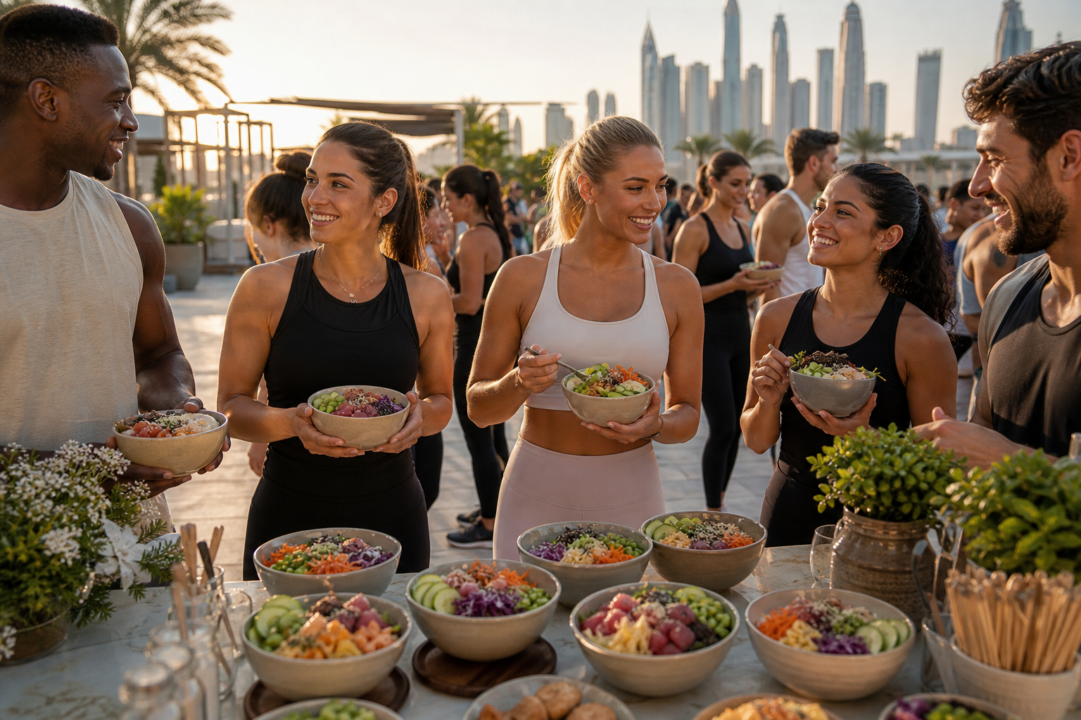Athletes sampling healthy bowls at a Dubai fitness event