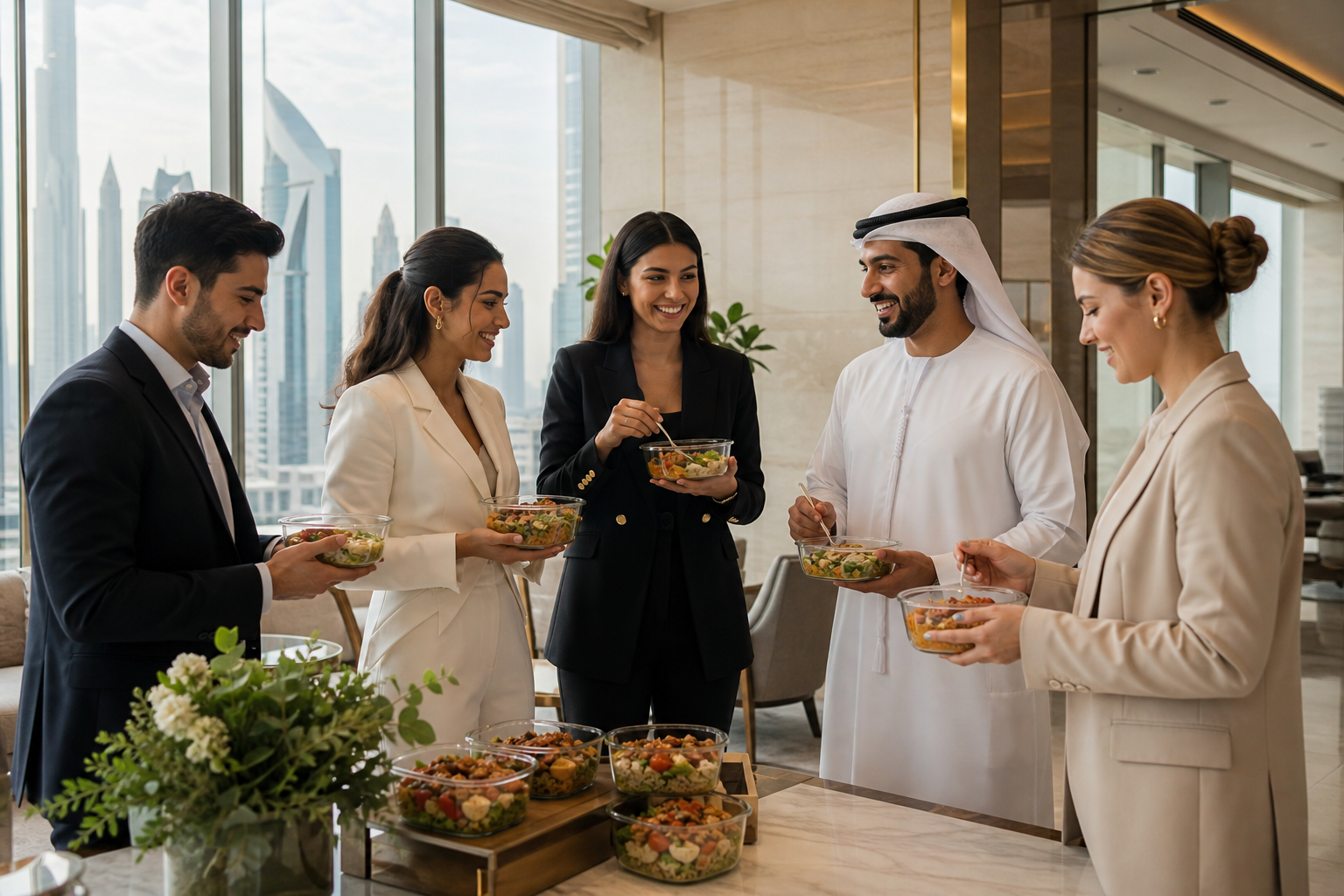 Dubai office team sharing a scheduled healthy-food delivery