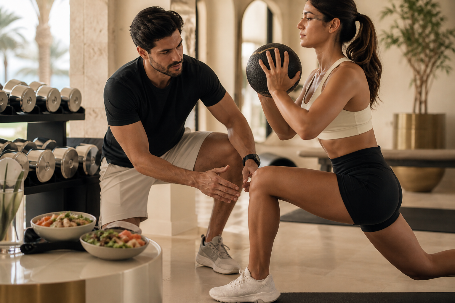 Personal trainer coaching an athletic client in a Dubai studio